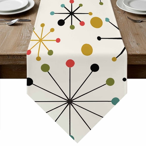 Middle Century Table Runner Linen Burlap Table Runner 120 Inches Long Geometric Modern Abstract Vintage Dresser Scarves for Kitchen Island Coffee Dining Party Wedding Banquet Holiday Decor 13"x120"