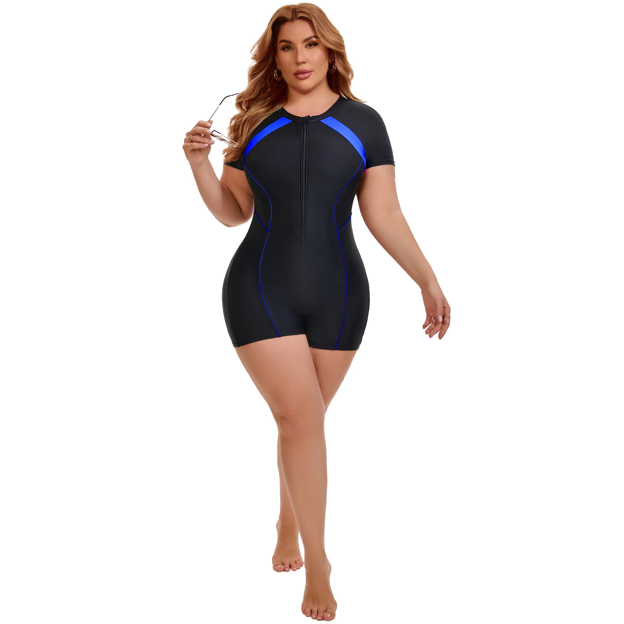 DARING DIVA Women's Plus 1 Piece Surfing with Short Swimwear 4X Black Blue