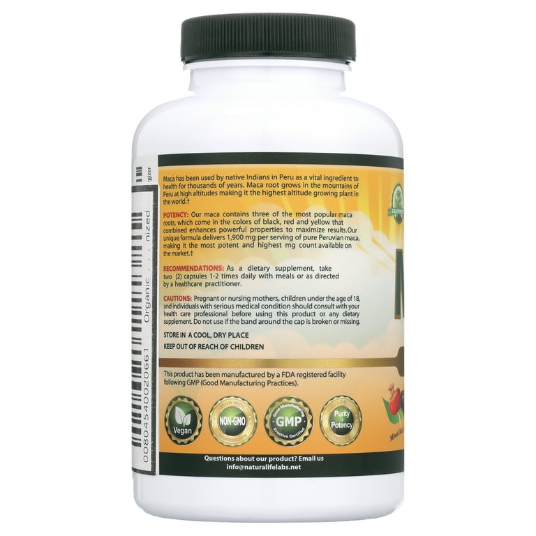 Organic Maca Root Black, Red, Yellow 1900 mg per serving - 150 Vegan Capsules Peruvian Maca Root Gelatinized