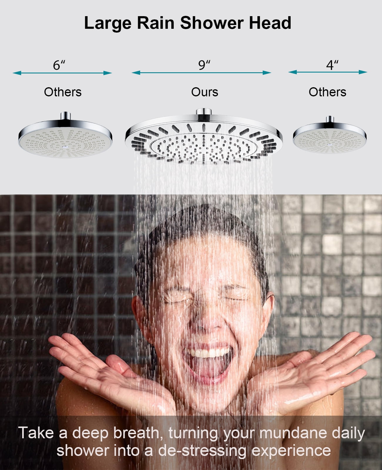 BRIGHT SHOWERS Rain Shower Head, 9 Inch High Pressure Waterfall Showerhead with Adjustable Angle and Anti-clogging Silicone Nozzles, Luxury Bathroom Overhead Rainfall Shower Head, Chrome