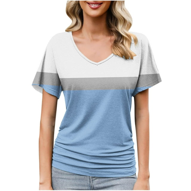 VSSSJ Womens Color Block V-Neck Blouse Short Sleeve Relaxed Fit Side Ruched Comfortable Tops Summer Casual Breathable Lightweight T-Shirt Light Blue XXL