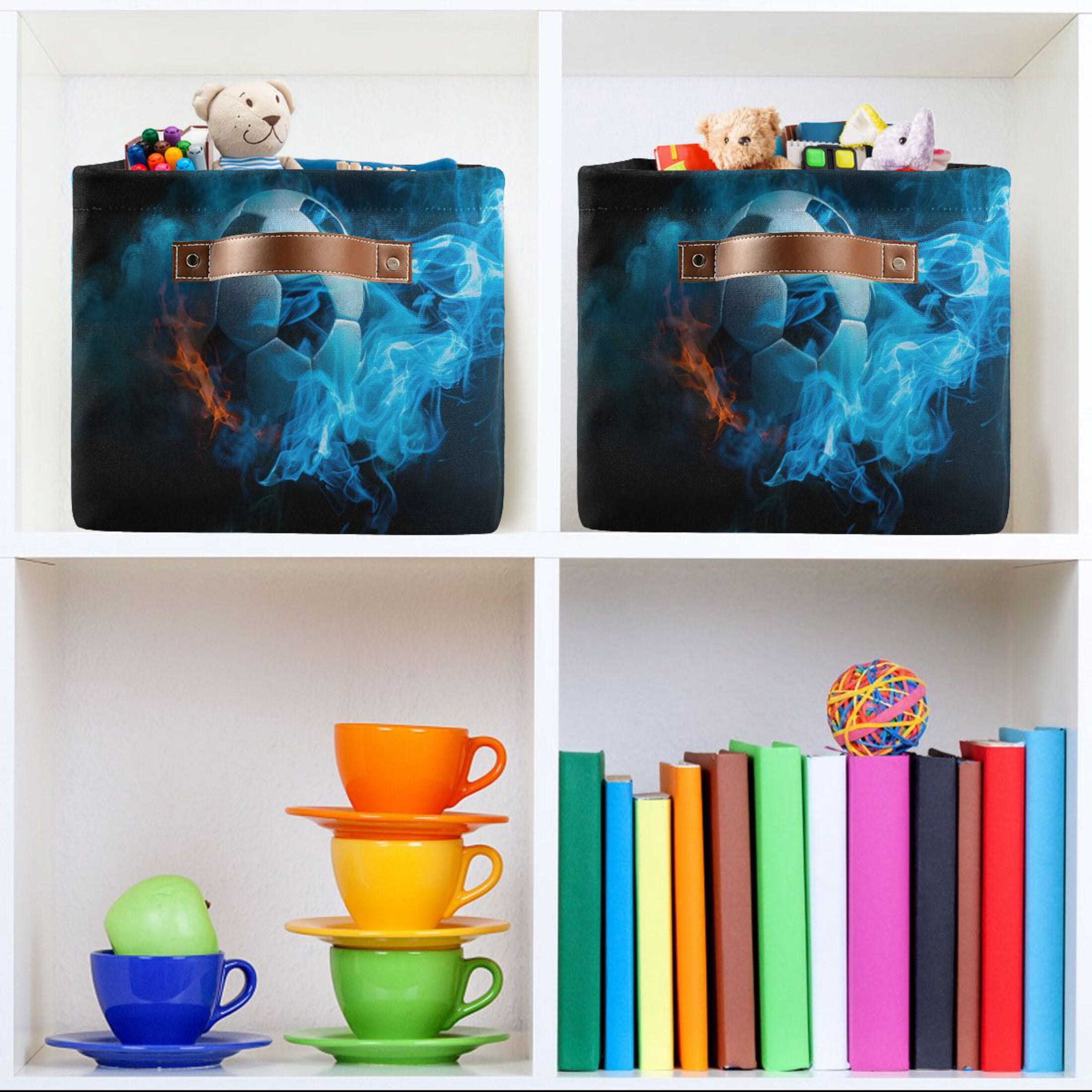 Ryvnso Soccer Ball with Fire Storage Basket Large Bin Foldable Boxes Toys Organizer 14.2x10.2x8.3in 2 PCs