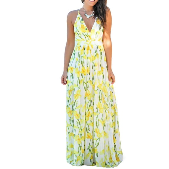 YAGHYAGH Womens Summer Beach Sundress Cocktail Party Strappy V Neck Floral Long Dress