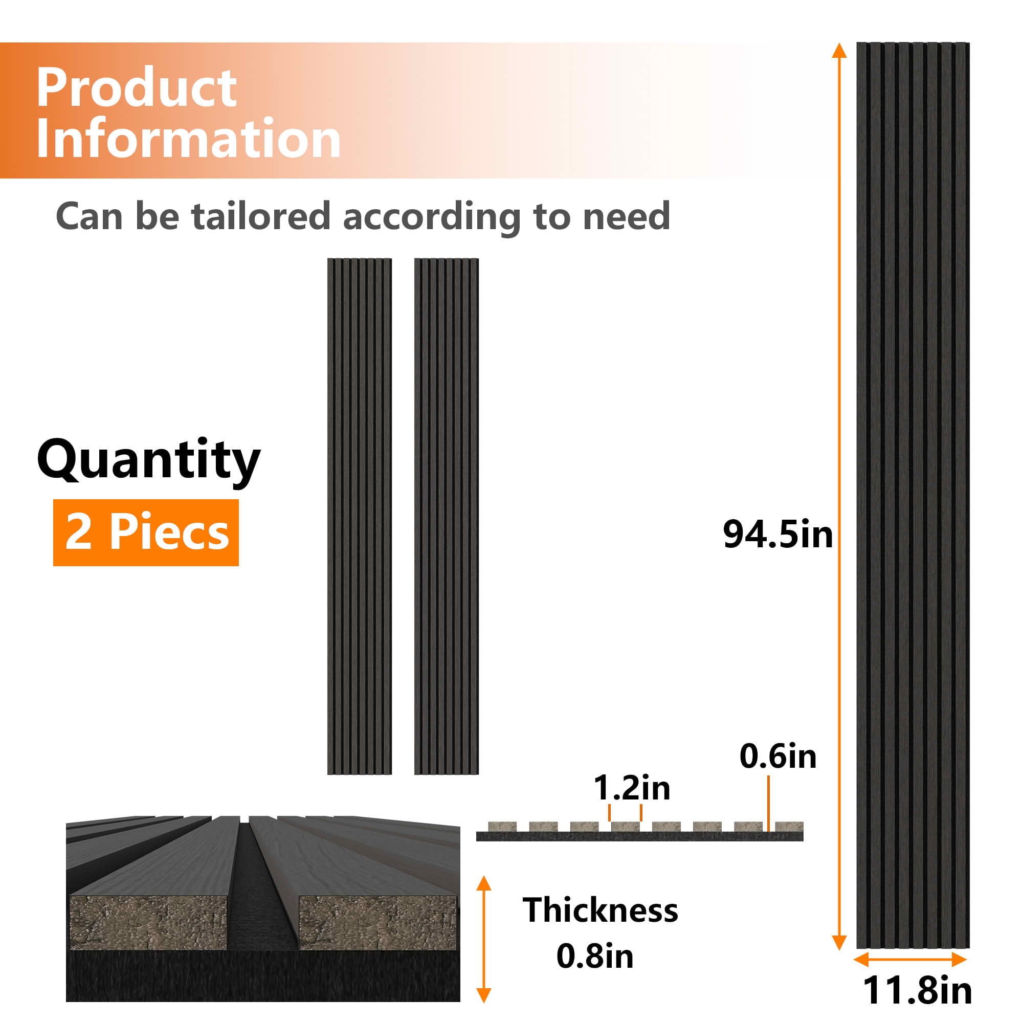MAYEERTY Black Wood Veneer MDF Sound Absorbing Panel for Wall Decor, 94x12x1 Inch, 2 Pack