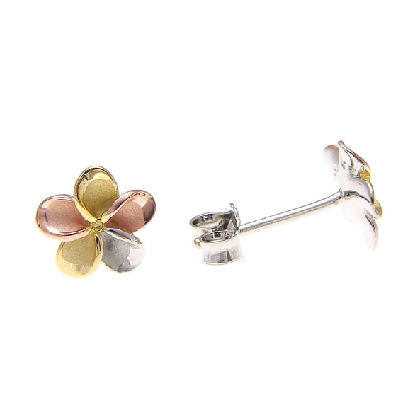 925 sterling silver yellow rose gold rhodium plated tricolor Hawaiian plumeria flower post earrings no cz stone 8mm