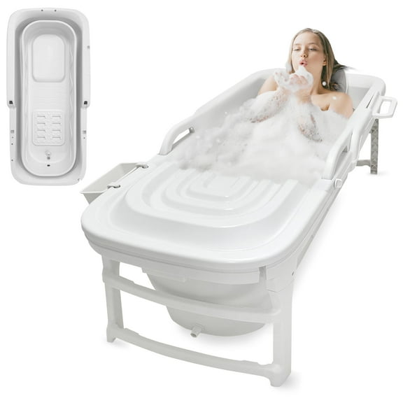 SereneLife Freestanding Portable Bathtub Spa Set – Large 59" Foldable Bath, Cushion, Stretchable Drain Pipe, Massager Rollers, Cleaning Spray & Storage Bag