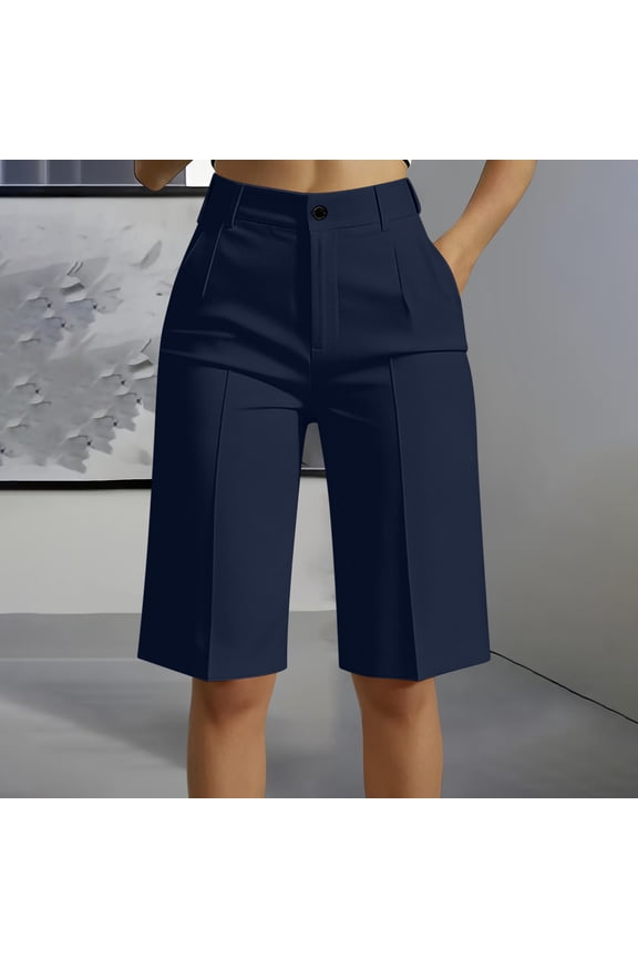 Women's High Waist Button Tailored Shorts, Casual Loose Knee Length Capri Pants with Pockets Navy,Women's Plus M