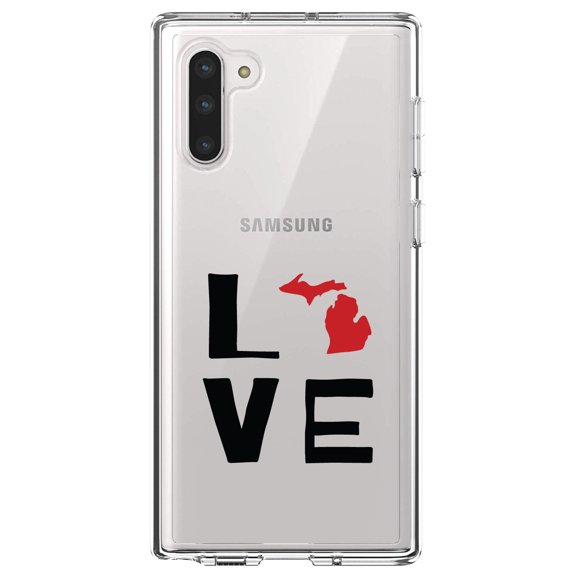 DistinctInk Clear Shockproof Hybrid Case for Samsung Galaxy Note 10 (6.3" Screen) - TPU Bumper Acrylic Back Tempered Glass Screen Protector - Michigan - Love Black & Red