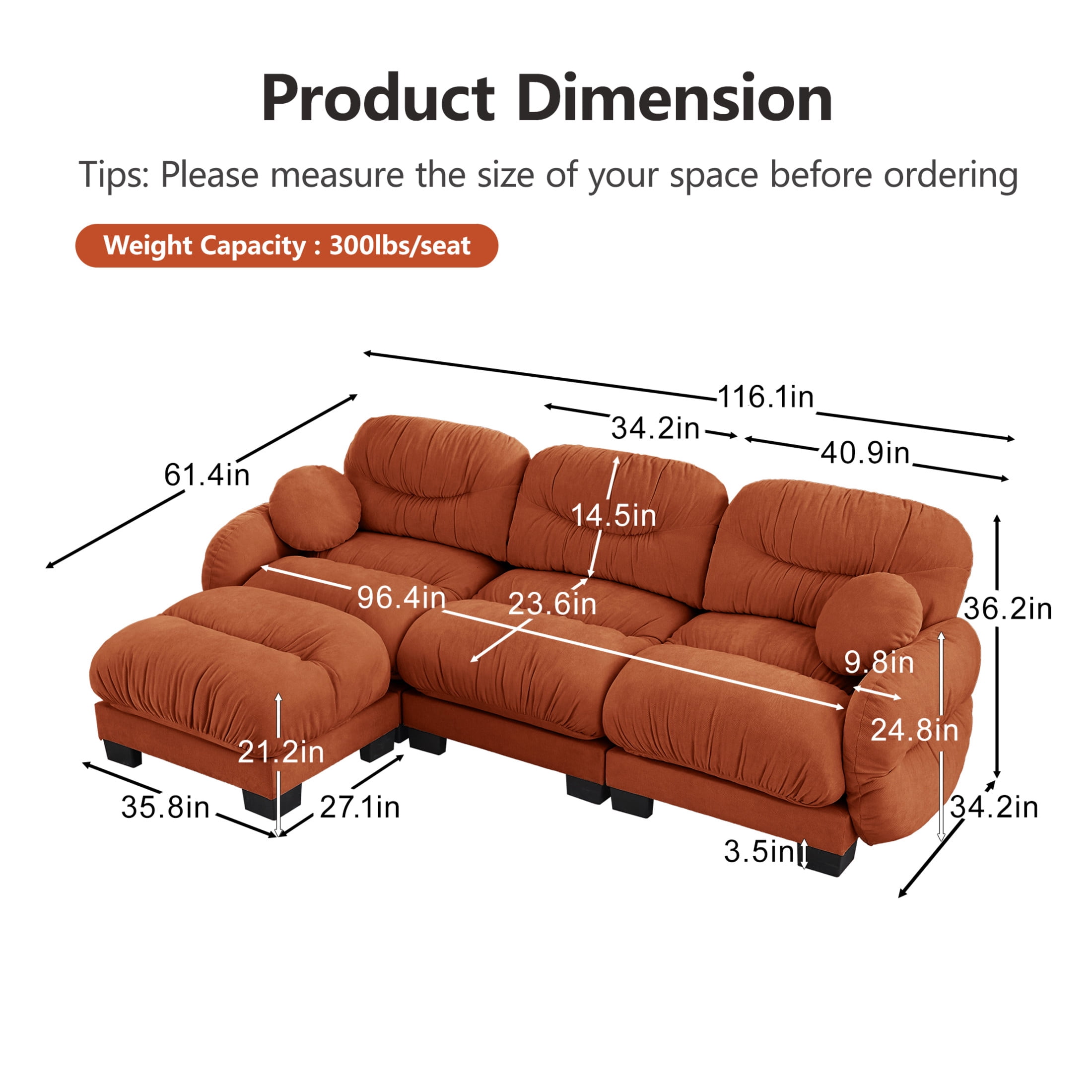 Noble House Corlan Pleated Chenille 3-Seater Sectional Sofa, Modular Deep Seat Couch with Ottoman and Throw Pillows, Orange