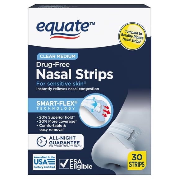 (2 Pack) Equate Smart-Flex Medium Strength Clear Nasal Strips, 30 count