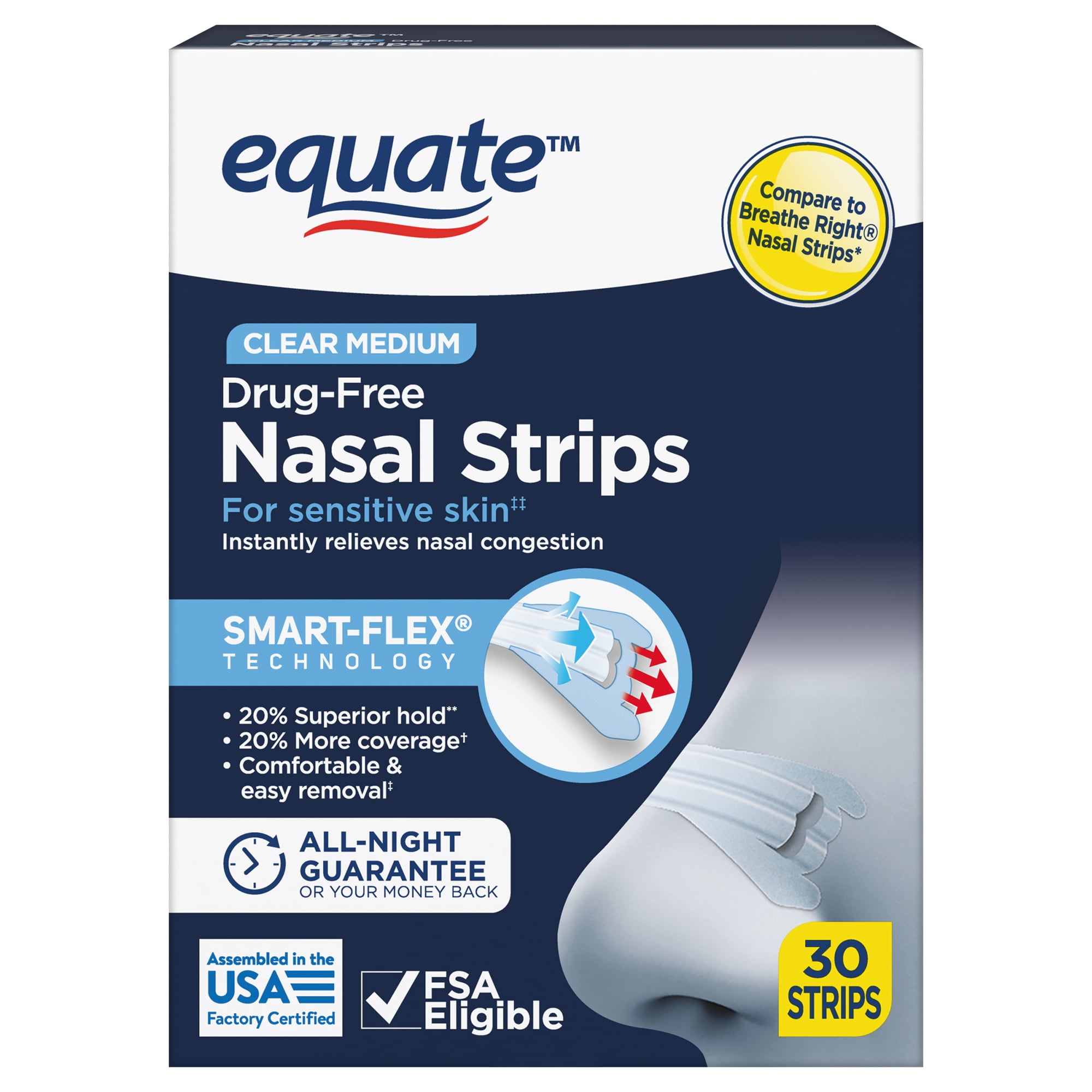 Equate Sensitive Skin Clear Nasal Strips, 30 Count, Compare to Breathe Right® Clear Nasal Strips
