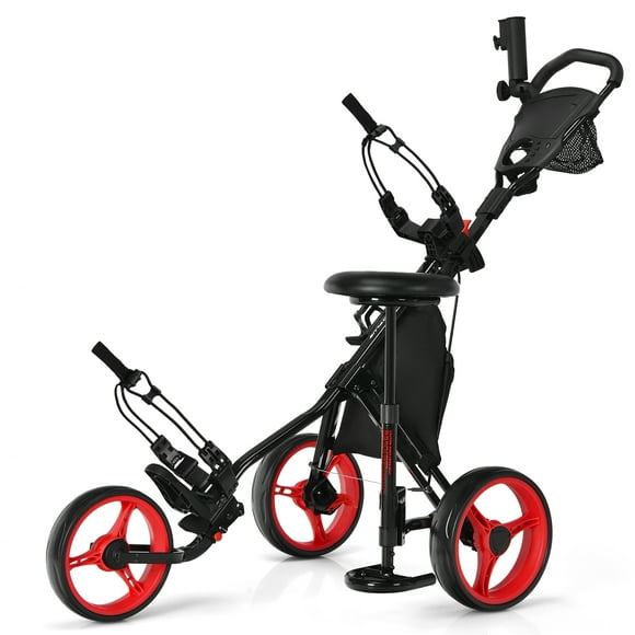 Goplus Folding 3 Wheels Golf Push Cart W/Seat Scoreboard Adjustable Handle Red