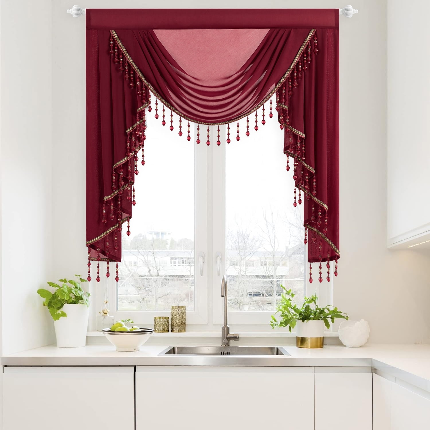 VOGOL Vintage Style Waterfall Valance, 39 inches Wide Soft Touch Sheer Drapes for Living Room, Classical Rod Pocket Silky Swag Valance with Handmade Tassels, Burgundy Red, 1 Panel