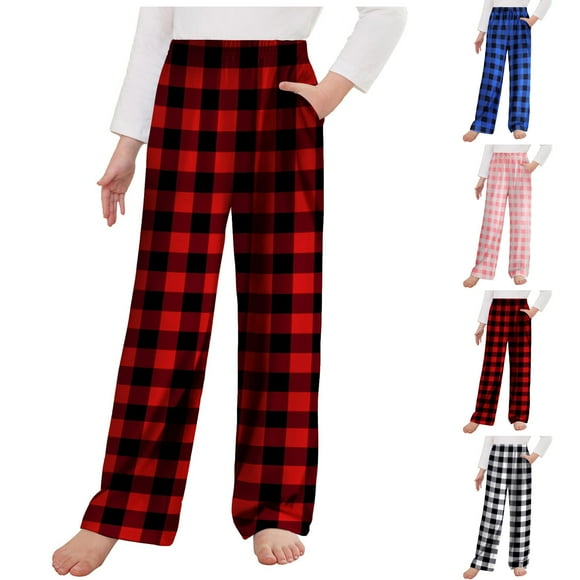 Zwiiyzr Boys Girls Pajama Pants Sleep Pants Soft Elastic Waist Kids Pajama Bottoms Plaid Lounge Pants with 2 Pockets Size 4-14 Years Red