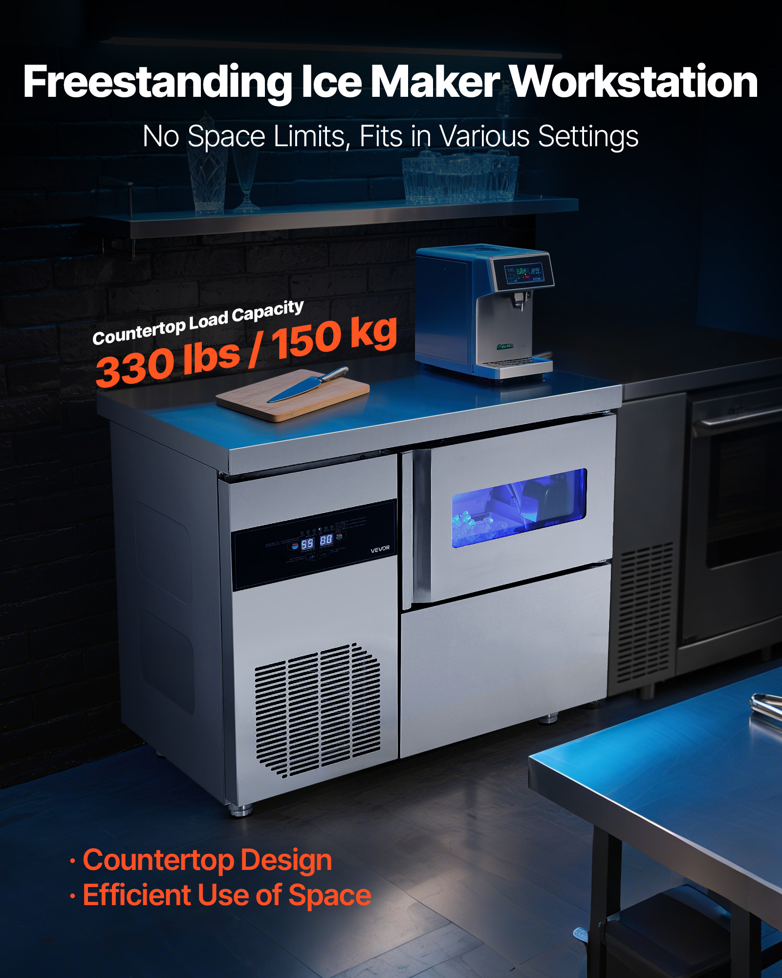VEVOR Commercial Ice Maker Machine, 132 lbs/24H Stainless Steel Ice Machine with Worktop, 30 lbs Storage & 70 Cubes/Cycle,Self-Cleaning Freestanding Ice-Making for Home Bar Office Restaurant Kitchen