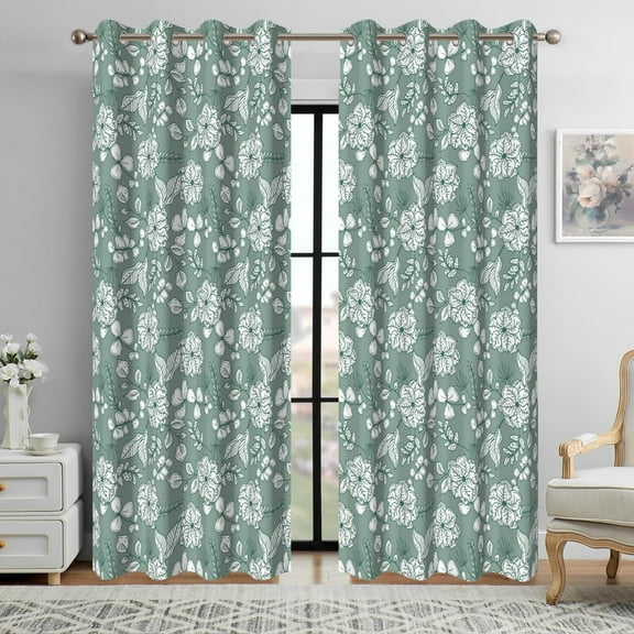 2 Panels Green Floral Blackout Curtain for Bedroom,Farmhouse Blossom Grommet Curtain for Living Room,52x96 Inch