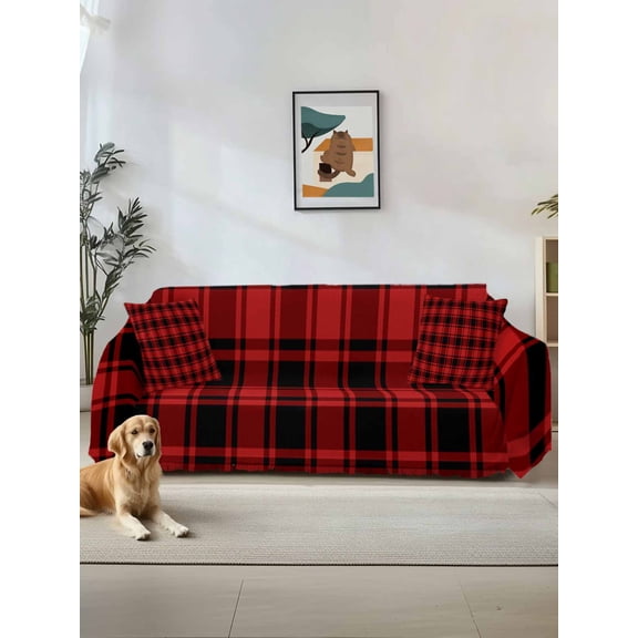 Red Black Plaid Couch Cover, Vintage Farmhouse Abstract Buffalo Check Sofa Cover Blanket for 1 Seat Cushion, Sectional Sofa Slipcover Furniture Protector for Living Room Bedroom 71''x91''