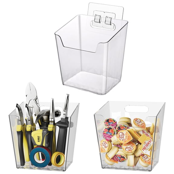 Clear Adhesive Wall Storage Bins, Large 3 Pack Cabinet Door Organizer Holders, Hanging Wall Mount Pockets, Plastic Cups for Shower Bathroom Makeup Office Craft Remote Kitchen Sink RV Organization