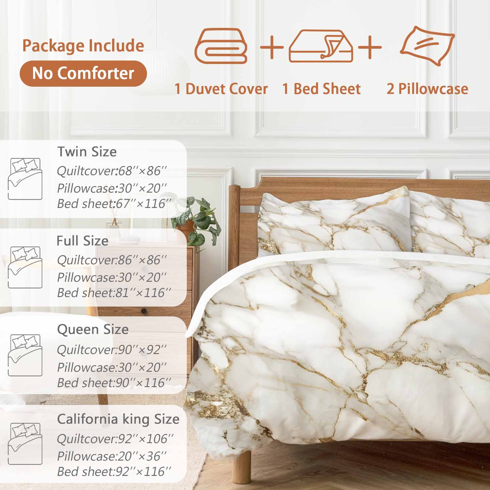 Abstract Duvet Cover Set Queen Size White Marble Pattern Gold Crack Texture Minimalism Soft Lightweight Comforter Covers 4 Piece Bedding Set with 1 Duvet Cover 1 Bed Sheet & 2 Pillow Shams