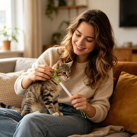 3-in-1 Cat Grooming Brush & Interactive Toy – Dual-Sided Self-Grooming Scratcher & Massage Stick with Teaser Tassel, Hair Removal, Anxiety Relief, Fun Play for Indoor Cats