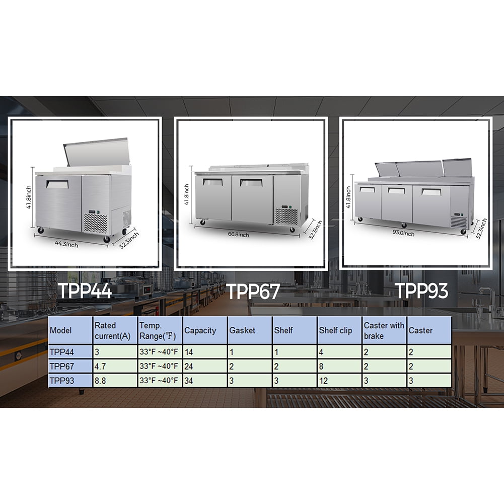 Refrigerator Sandwich & Salad Prep Table, Commercial Refrigerator with Adjustable Shelf Brackets, Insulation Lid & Casters, Stainless Steel 3 Door Worktop Fridge for Restaurants, Bar, Shops