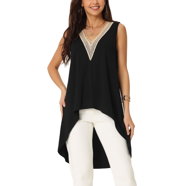 Blusa fluida sin mangas de cuello en V asimétrica INSPIRE CHIC para mujer, dobladillo alto-bajo, negra M