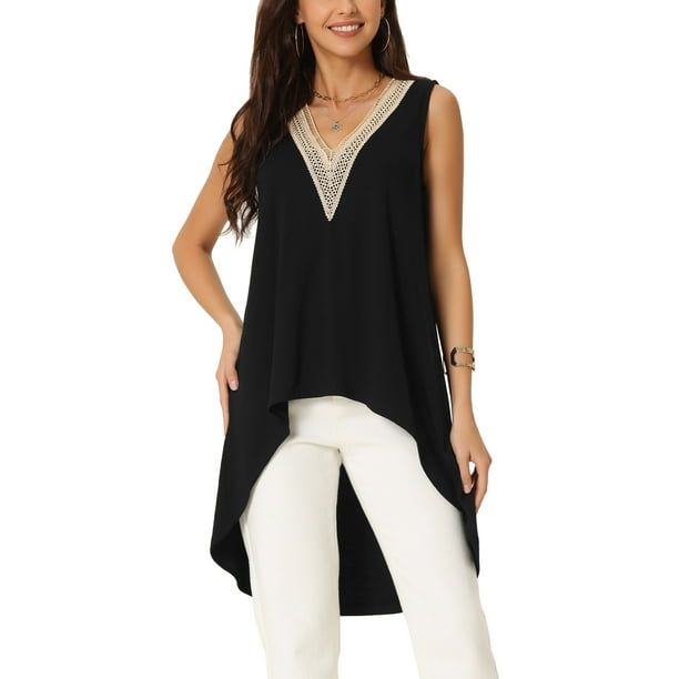 Blusa fluida sin mangas de cuello en V asimétrica INSPIRE CHIC para mujer, dobladillo alto-bajo, negra M