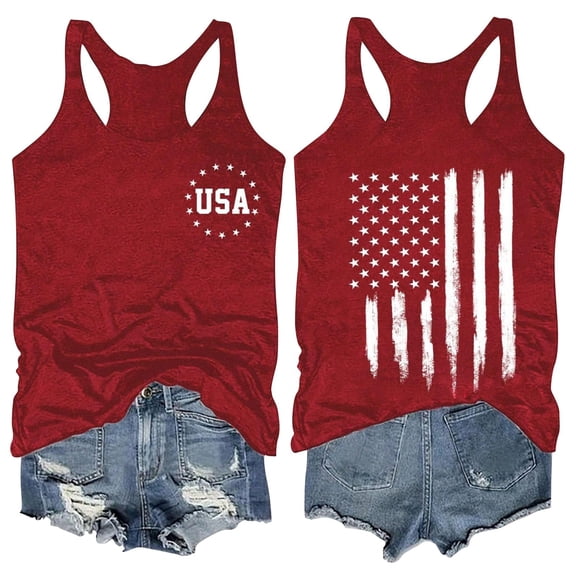 Trendfront Womens USA Flag Graphic Tank Top Distressed American Flag Print Patriotic 4th Of July Holiday Racerback Tops Front Back Two Sided Casual Summer Vest