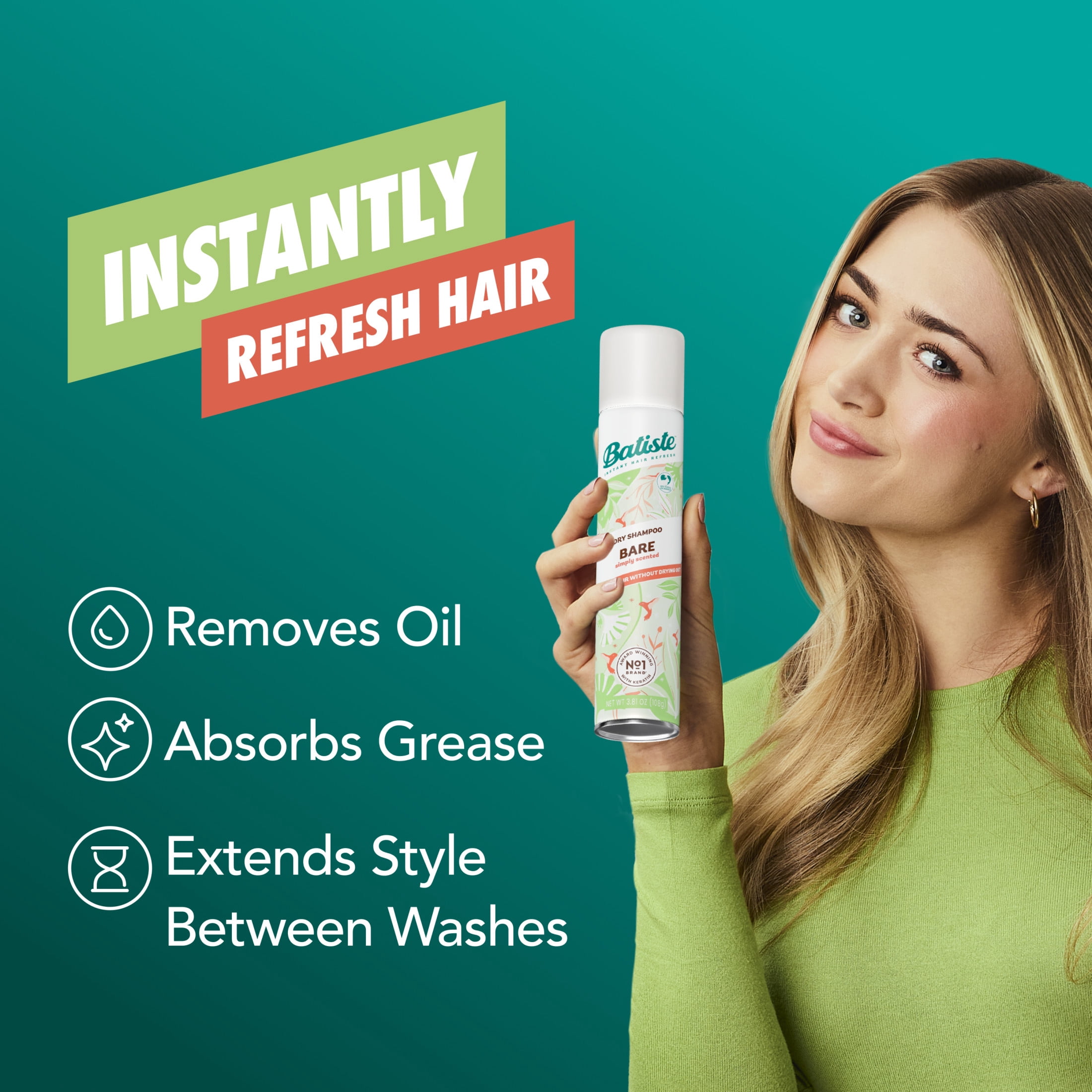 (2 pack) Batiste Bare Dry Shampoo, Absorbs Oil & Grease, Barely Scented, 5.71 oz