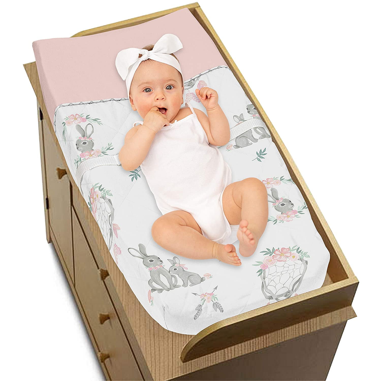 Sweet Jojo Designs Bunny Floral Pink Grey and White Changing Pad Cover