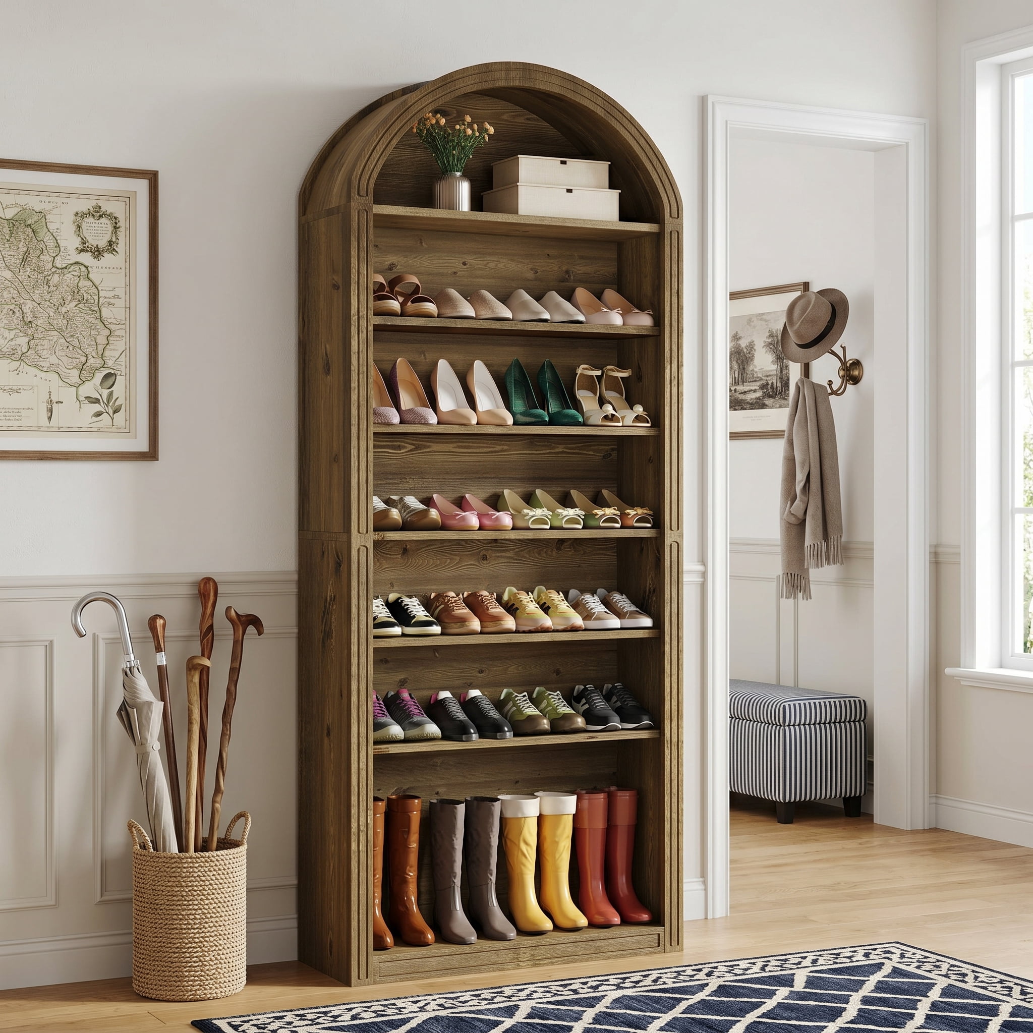 Fnova 79.5" Arched Shoe Storage Cabinet, 8-Tier Wooden Shoe Organizer Rack for 35 Pairs, Adjustable Shelves, Brown