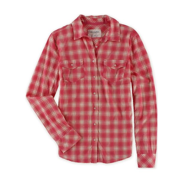 Camisa con botones Aeropostale para mujer a cuadros metálicos rosa mediano