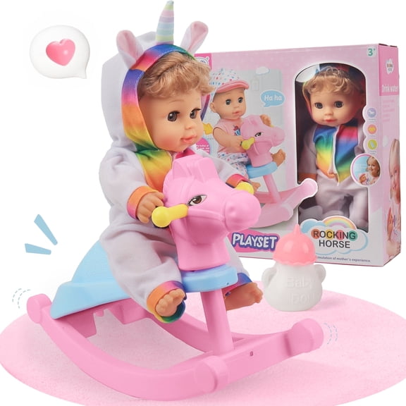 PayUSD Baby Dolls for Toddlers 11" Soft Interactive Dolls with Sounds, Open/Close Eyes, Bottle and Rocking Horse, Pretend Play Preschool Toys Christmas Birthday Gifts for Girls Boys 1 2 3 4 5 6 