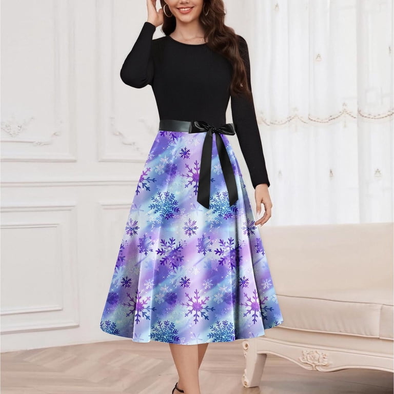 YaoXingXin Christmas Dresses for Women Crew Neck Print Long Sleeve Casual Fashion Pullover Dress, Women's, Size: XL, Black
