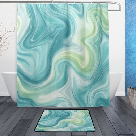TTYFWHD 60" x 72" Shower Curtain and Bath Mat Set Oceanic Liquid Marble Design Waterproof Bathroom Curtain with 12 Hooks, Bathroom Decor Set