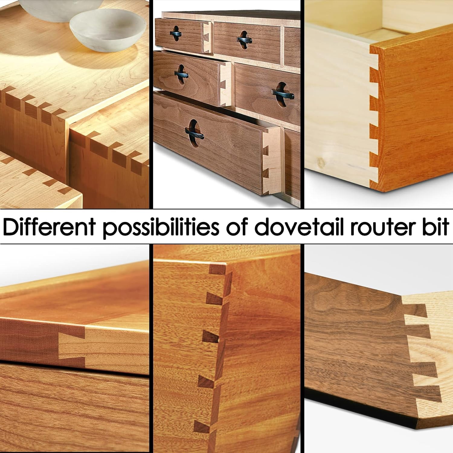 ABPETE Dovetail Router Bit Set 6 Sizes with 1/4 Inch Shank ,Cutting Dia in 1/4" 3/8" 1/2" 5/8" 3/4" 7/8" Wood Milling Cutter Tool for Making Boxes Drawers Chests,Great for Craftsman Woodworking