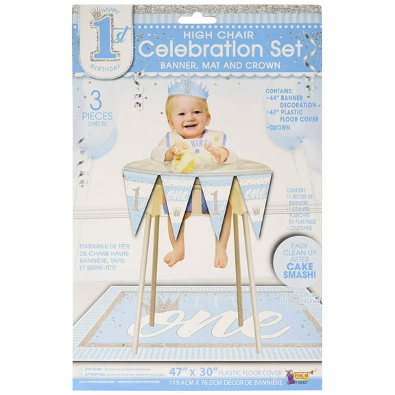 Forum Novelties 1st Birthday Celebration Deluxe Decoration Kit For High Chairs-Party Supplies Banner, Mat & Baby King Crown