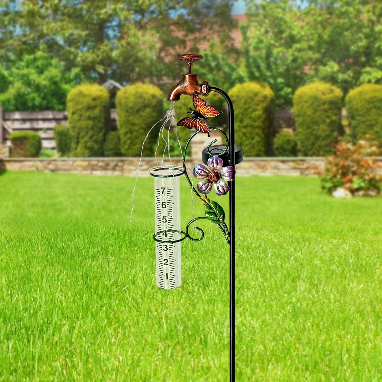 32" Garden Rain Gauge with Thermometer - 7" Glass Tube for Outdoor Indoor Use, Patio Yard Decor Statue