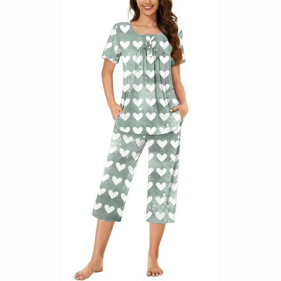 2 Piece Outfits For Women Cute Heart Print Round Neck Short Sleeve Shirt And Pants Sets Sleepwear Lounge Set With Pockets Green XXL