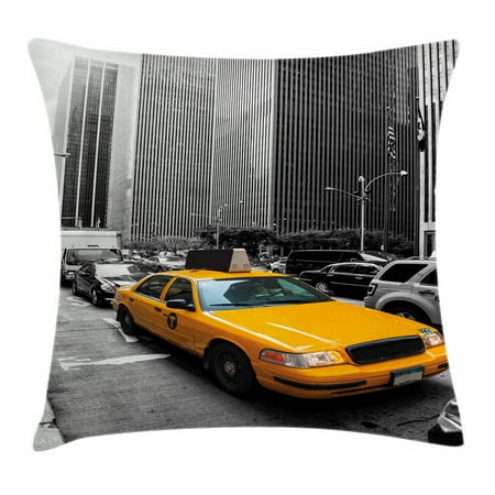New York Throw Pillows City Throw Pillow Cushion Cover, Yellow Cab in New York City Touristic Attractions Traffic Road Photography, Decorative Square Accent Pillow Case, 16 X 16 Inches, Marigold Grey Black, by Ambesonne ()