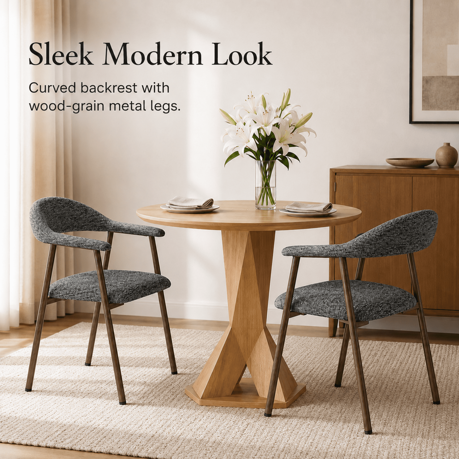 Alvantor Chairs Set of 2, A Modern Kitchen Side Chair Set with Curved Backrests and Linen Upholstery, Accompanied by Metal Decorative Chairs for Dining Room Kitchen Living Room Cafe