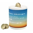 thumbnail image 1 of Enjoy the Little Things Piggy Bank, Inspirational Slogan on Future on Blurry Sunset Background, Ceramic Coin Bank Money Box for Cash Saving, 3.6" X 3.2", Orange Blue White, by Ambesonne, 1 of 4
