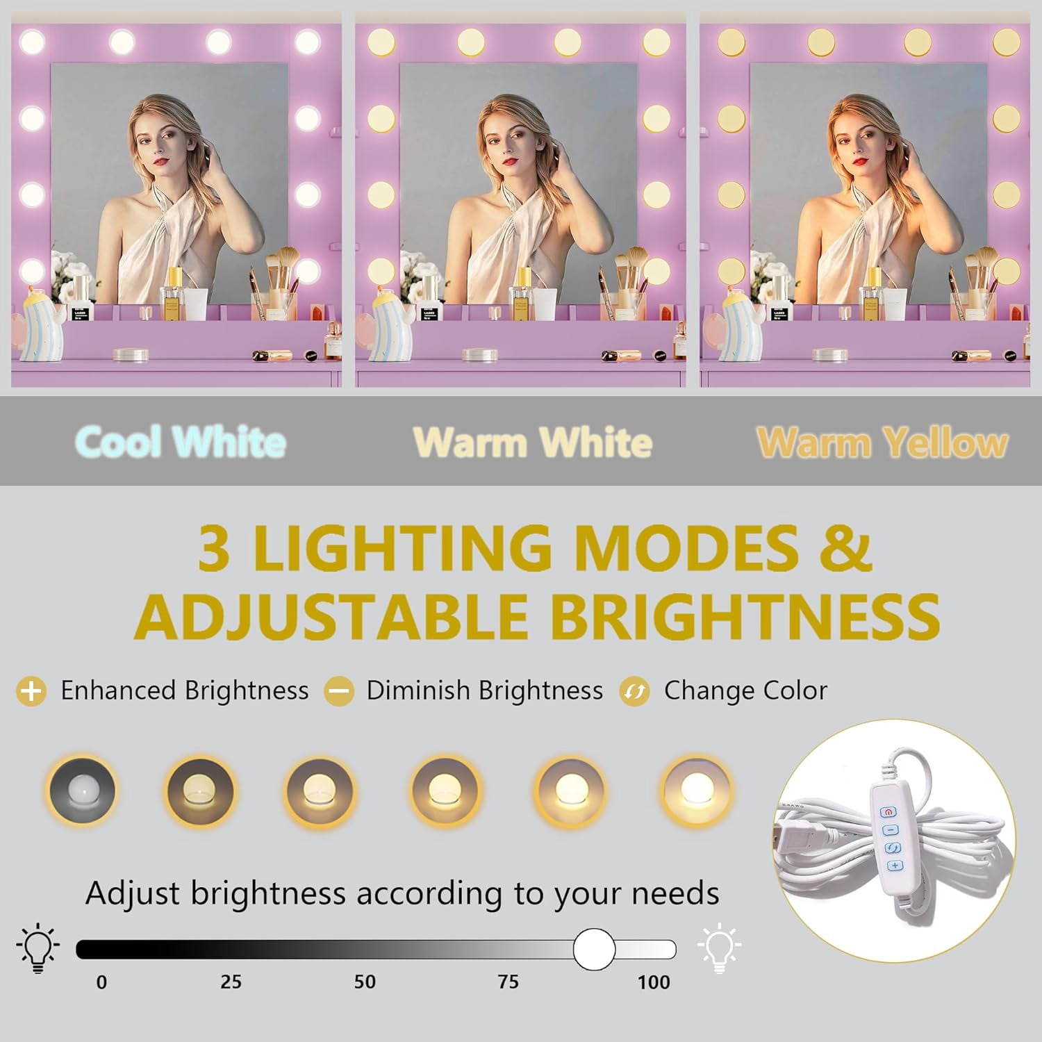 FANRAL 43'' Vanity Desk with 10 LED Lights,Under-Table RGB Strip & Built-in Power Station,Multi-Storage Makeup Table for Bedroom Bathroom Grooming,Purple Vanity