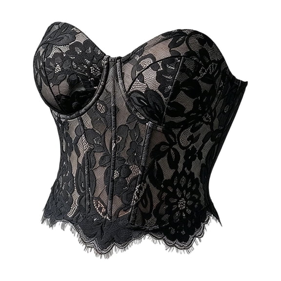 LYEAA Mesh Floral Embroidered Corset Strapless Steel Ring Overbust Bustier Top Lace Push up Crop Shapewear Going out Club Tops