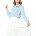 thumbnail image 4 of MODA NOVA Junior's Peter Pan Collar Self Tie Neck Puff  Sleeve Shirt Light Blue XL, 4 of 5