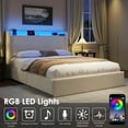 thumbnail image 5 of Queen Size Upholstered Platform Bed Frame with LED Lights, Includes 4 Storage Drawers & Headboard with Charging Station, Solid Wood Slat Support, No Box Spring Needed, in Cream, 5 of 8