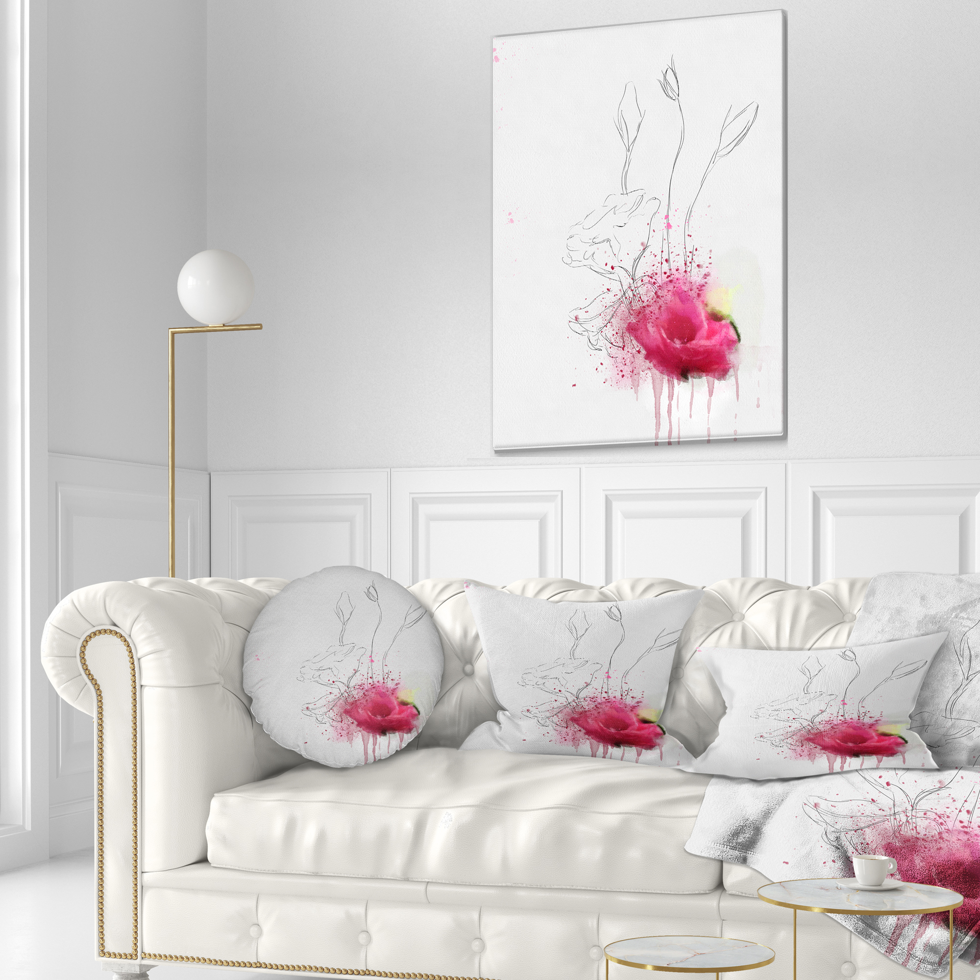 Designart Rose Flowers Sketch with Color Splashes - Floral Throw Pillow - 12x20