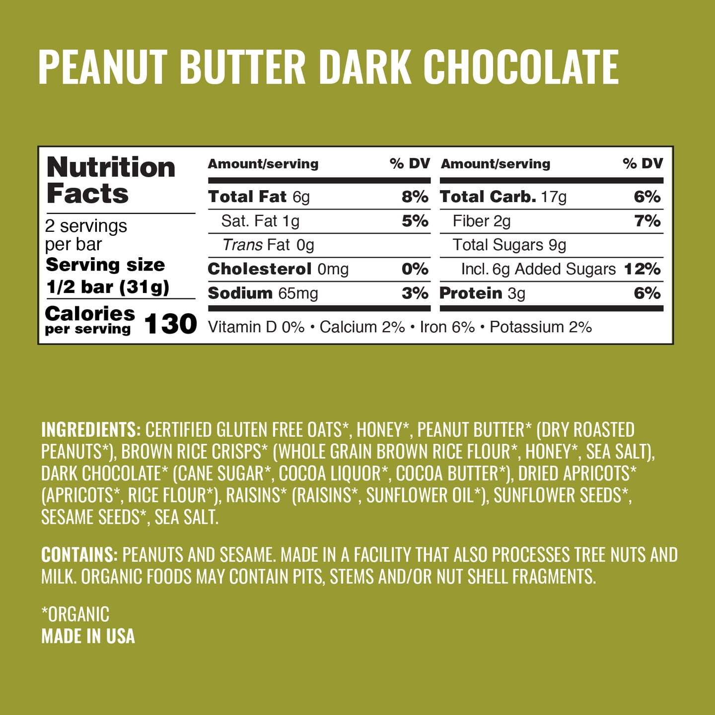 Kate's Real Food Peanut Butter Dark Chocolate Healthy Snack Bars, 12 Count, 2.2 oz