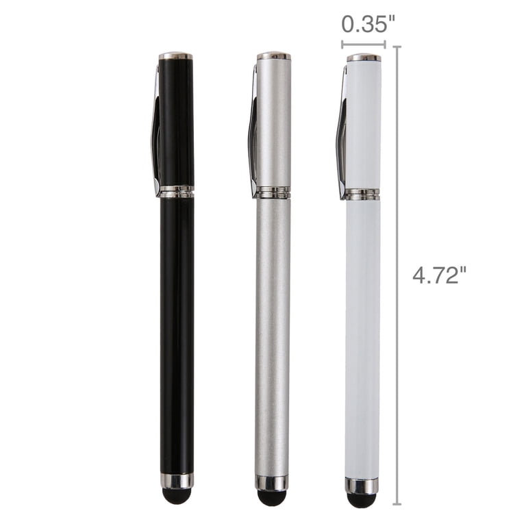 onn. 2-in-1 Tablet and Smartphone Styluses with Built-in Ballpoint Pens,  3-Count Black, White, Grey