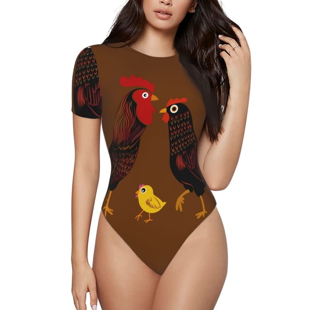 Bingfone Motif Poulet de Ferme Justaucorps à Col Rond pour Femmes, Bouton Pression Manches Courtes Justaucorps, Adapté pour Fête, Sports, Usage Quotidien-TG